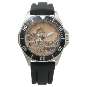 Relógio Excelente Hokusai Wave Bamboo Wood Style