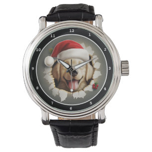 Relógio Exibição de Natal de Cachorro Dourado Feliz