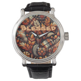Relógio Fall Autumn Plaid Leaves Orange Personalized