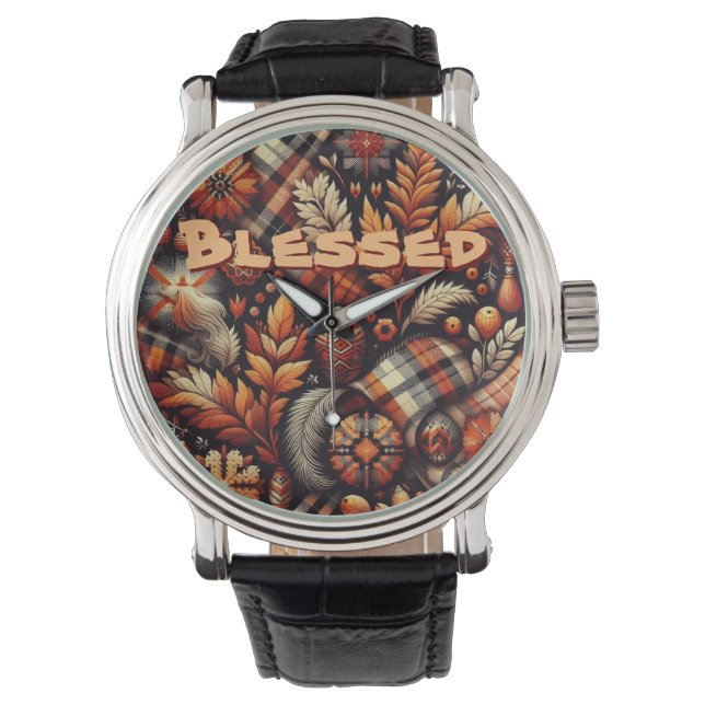 Relógio Fall Autumn Plaid Leaves Orange Personalized (Frente)