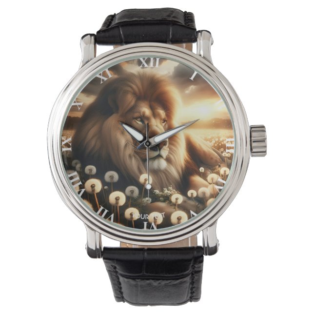 Relógio Fantasy Cute Lion Flowers Sunset (Frente)