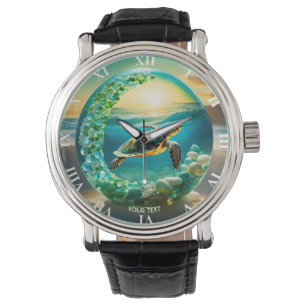 Relógio Fantasy Cute Vivid Turtle Sea Waves