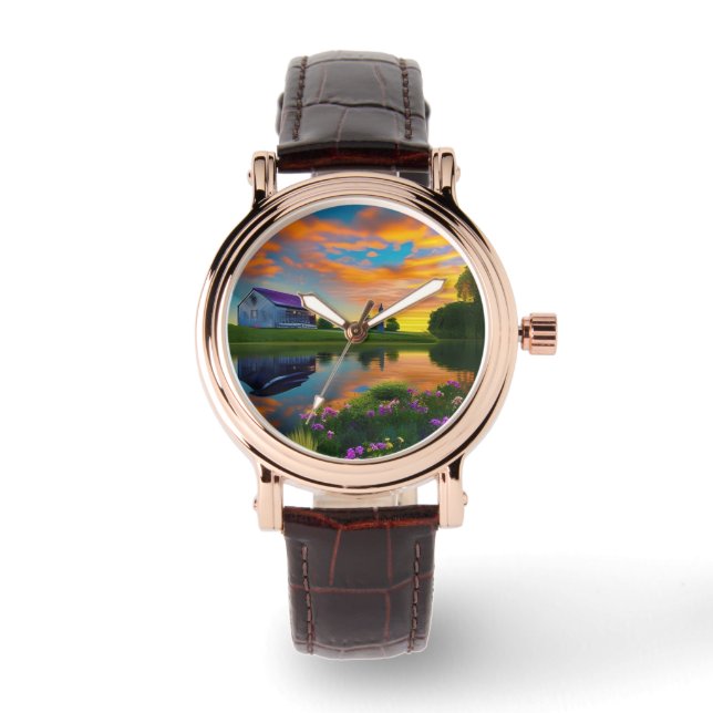 Relógio Farmhouse Purple Telhado Pond em Sunrise (Frente)