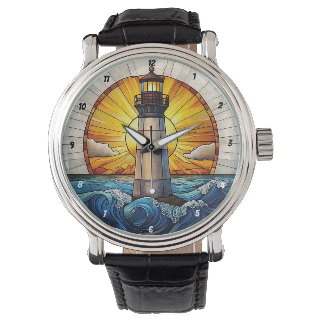 Relógio Farol Ensolarado Ondas Vidro Manchado (Frente)