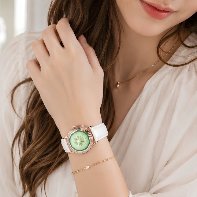 Relógio Fatia de Pepino Rosa Dourado Couro Branco (Cucumber Slice Rose Gold White Leather Watch)