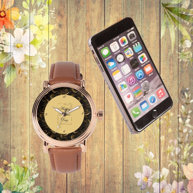 Relógio Feliz Dia de os pais Dourado Caligrafia Negra (Happy Father's Day Gold Calligraphy Leafy Swirls Watch)