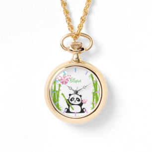 Relógio Feliz Panda com Bamboo e Flor de Cereja