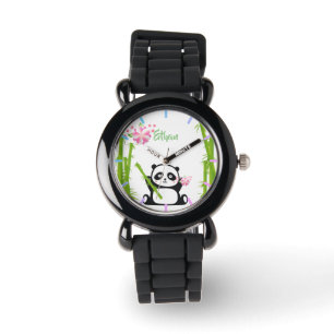 Relógio Feliz Panda com Bamboo e Flor de Cereja 