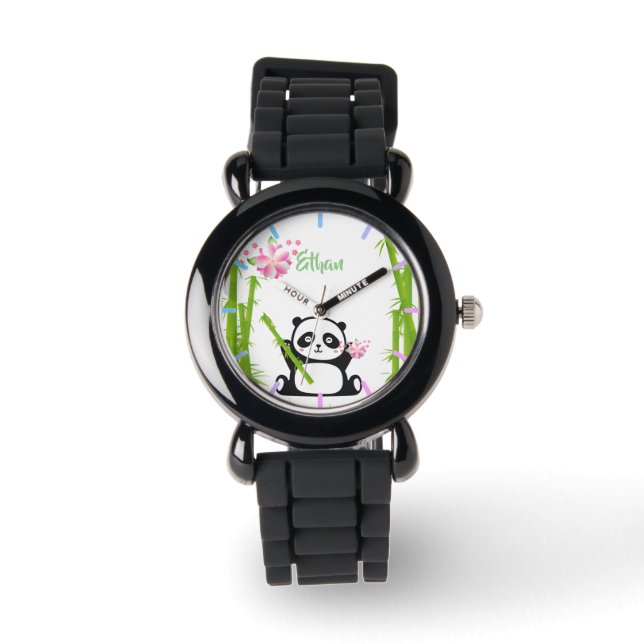 Relógio Feliz Panda com Bamboo e Flor de Cereja (Frente)