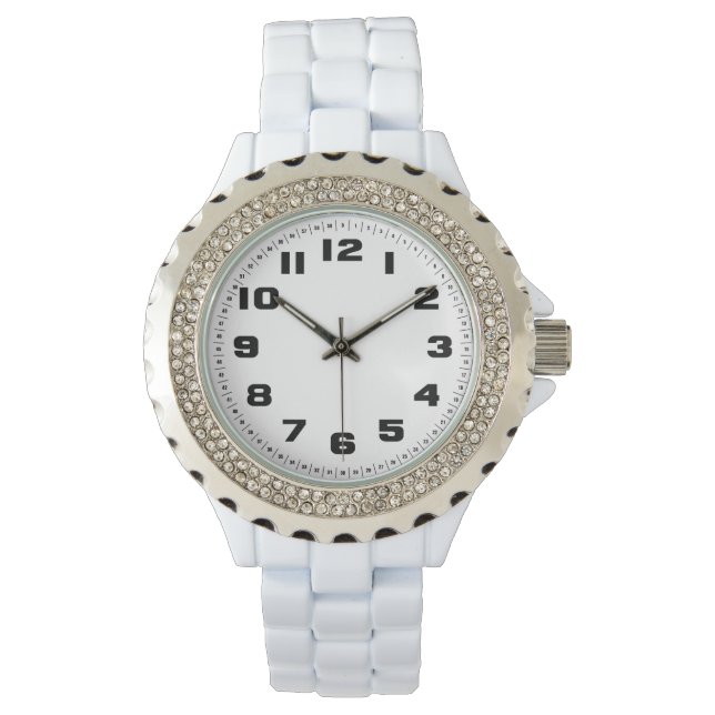 Relógio feminino de esmalte branco com cristais de (Frente)