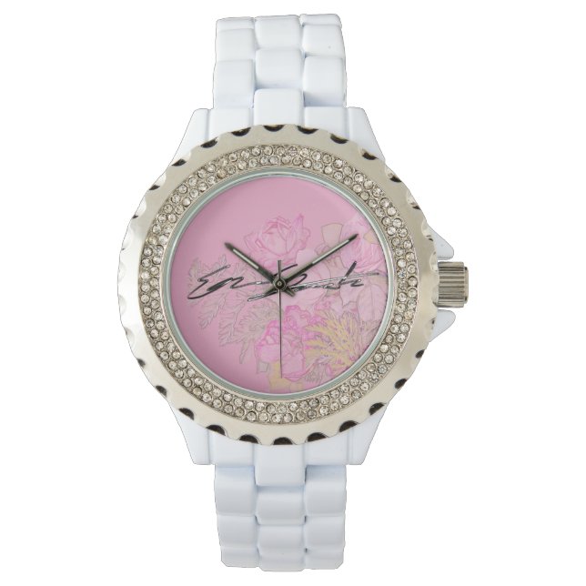 Relógio Feminino de Esmalte Branco com Rhinestones (Frente)