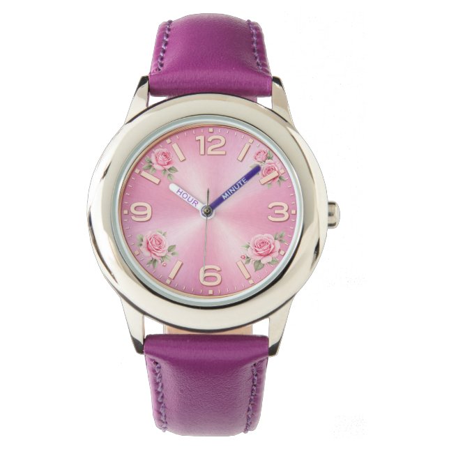 Relógio Feminino Floral Rosa Com Rosas (Frente)