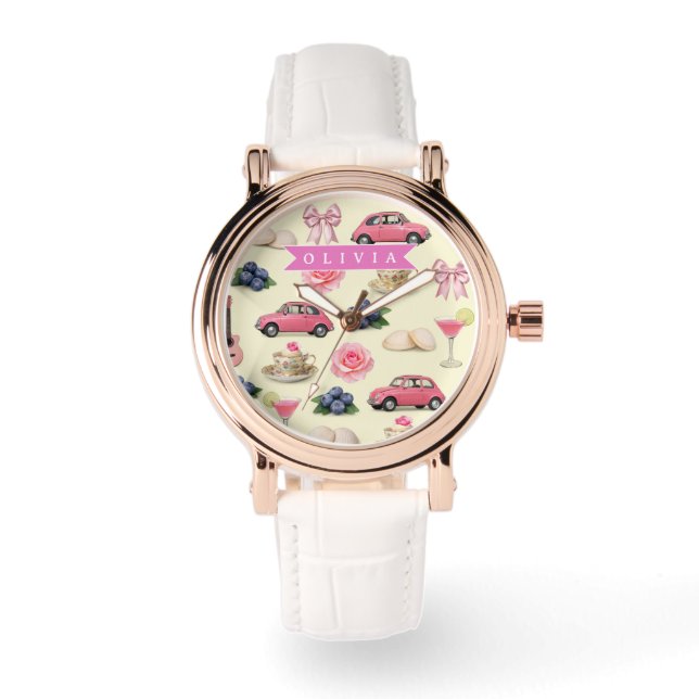 Relógio Fita de Cocktail Rosa Coquette Fofa Personalizada (Frente)