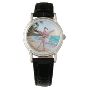 Relógio Flamingo Bailarina em uma Tutu Rosa na Praia
