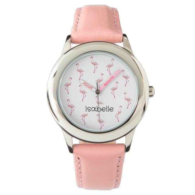Relógio Flamingo Branco Rosa Elegante | Monograma personal (Frente)