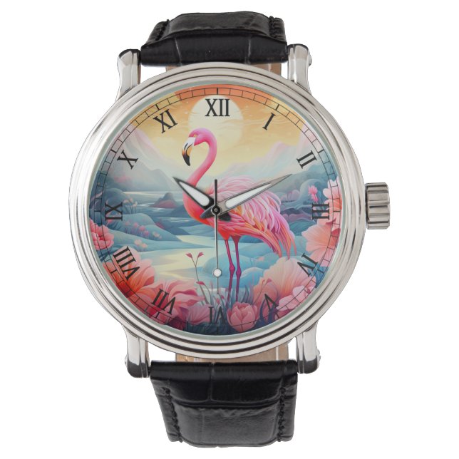 Relógio Flamingo Tropical com Flores (Frente)