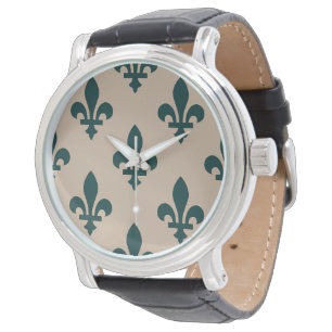 Relógio Fleur de Lis Pattern, Real Verde Francês em Creme