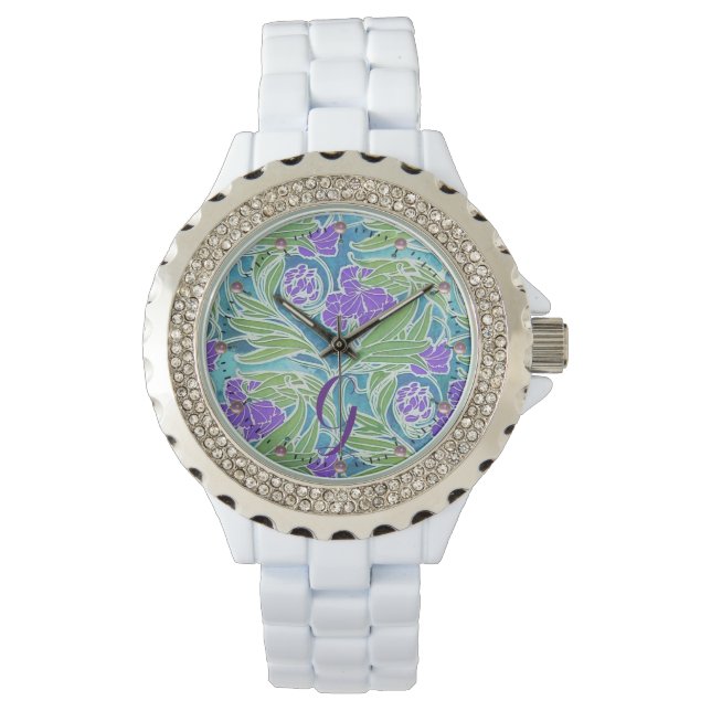RELÓGIO FLEUR DE LIS, VERDE DEIXA AQUA FLORAL AZUL (Frente)