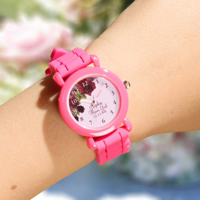 Relógio Fllower Girl Burgundy Floral Weding Watch (Pretty watch for your Flower Girl or Junior Bridesmaid. Just add their name and your wedding date)