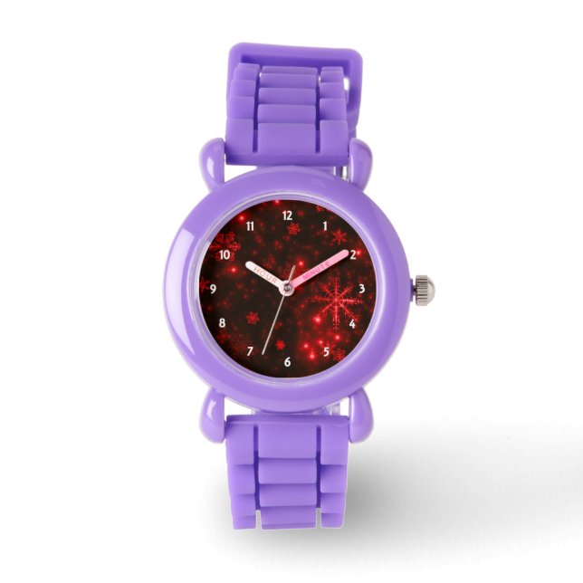 Relógio Flocos de neve no Deep Red Background Watch (Frente)