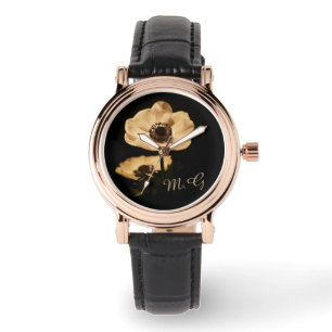Relógio Flor de Anêmona Elegante Monograma Preto
