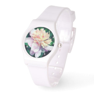 Relógio Flor de Peônia Rosa em Floração Personalizada