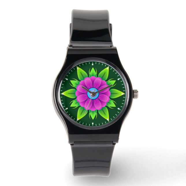 Relógio Flor Rosa com Folhas Verdes-23856 (Frente)