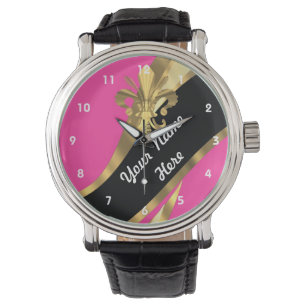 Relógio Flor rosa e dourada de la personalizada