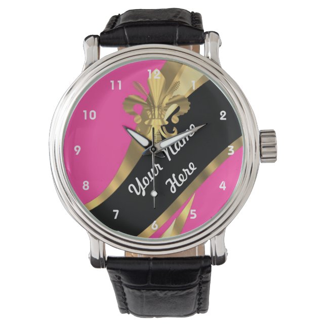 Relógio Flor rosa e dourada de la personalizada (Frente)