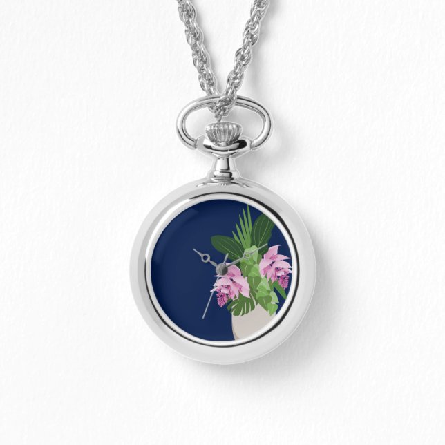 Relógio Flor Rosa-Rosa-Medinilla Tropical Vase de Azul-Esc (Frente)