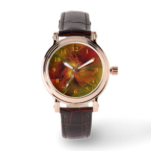 Relógio Flor verde-laranja-abstrato Vermelho Castanho-Cast