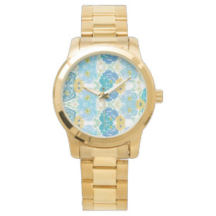 Relógio Floral Aquarela Azul e Amarelo