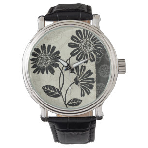 Relógio Floral contemporâneo em preto e branco
