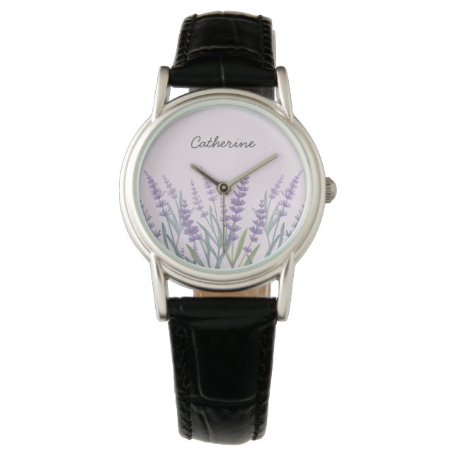Relógio Floral de Aquarela Roxa Lavanda (Frente)