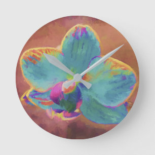 Relógio floral de pintura orquídea azul e roxa