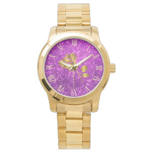 Relógio Floral Dourado de Lúxias Roxas