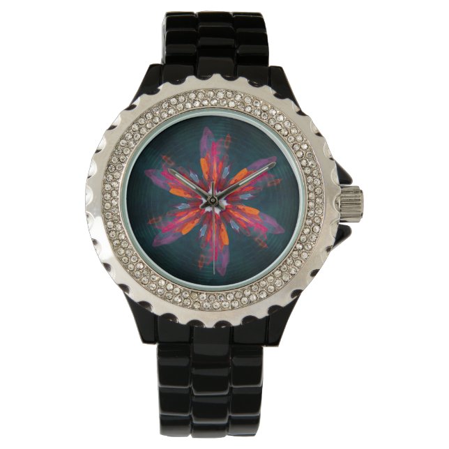 Relógio Floral Flores de Mandala Laranja Vermelho Abstrato (Frente)