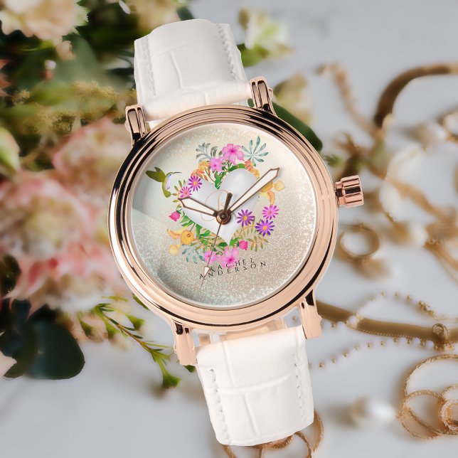 Relógio Floral Garden Monograma Champagne Round (Elegant and Chic Floral Garden Monogram Ladies Watch For Your Special One.)