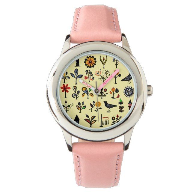 Relógio Floral popular e aves coloridas (Frente)