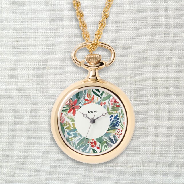 Relógio Flores Bonito de Poinsettia Flores (An elegant monogrammed necklace pendant with watch and red poinsettia design in a watercolor style)
