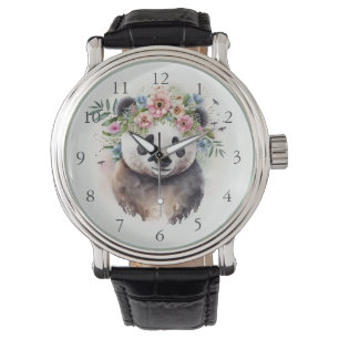 Relógio Flores de Panda Aquarela