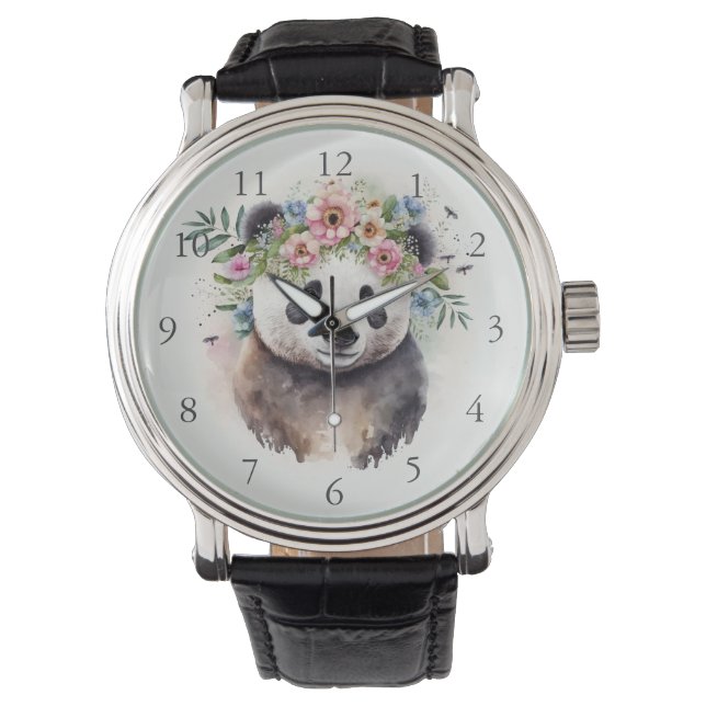 Relógio Flores de Panda Aquarela (Frente)