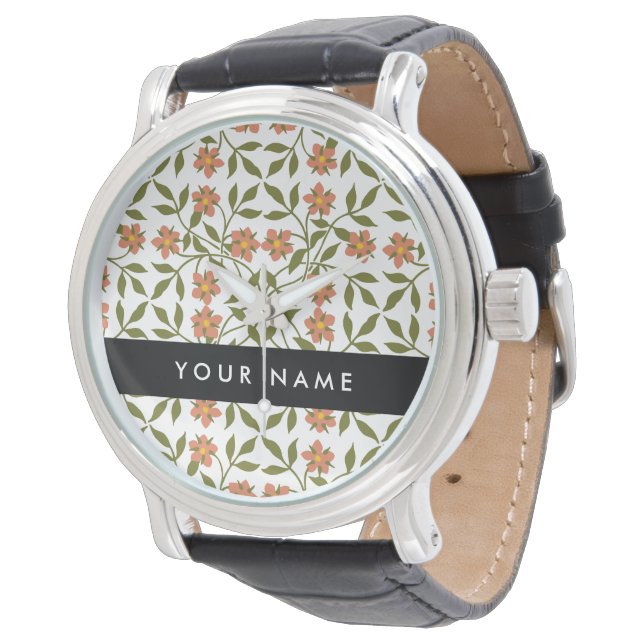 Relógio Flores Laranja, Padrão Floral, Boho, Seu Nome (Angular)