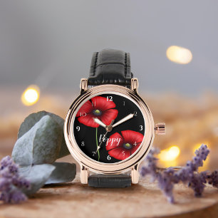 Relógio Flores Vermelhas Poppy em Preto Personalizado