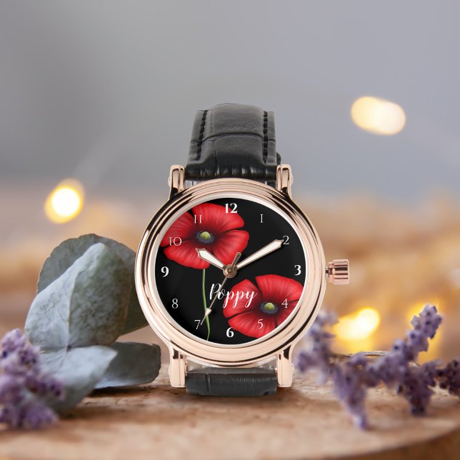Relógio Flores Vermelhas Poppy em Preto Personalizado (Add your  name to this pretty poppy watch)
