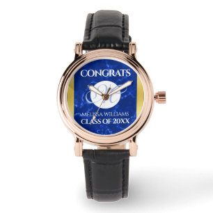 Relógio Folha de Ouro Azul Marble Monograma de Graduação E