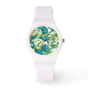 Relógio Folhas Tropicais Coloridas De Banana E Monstera