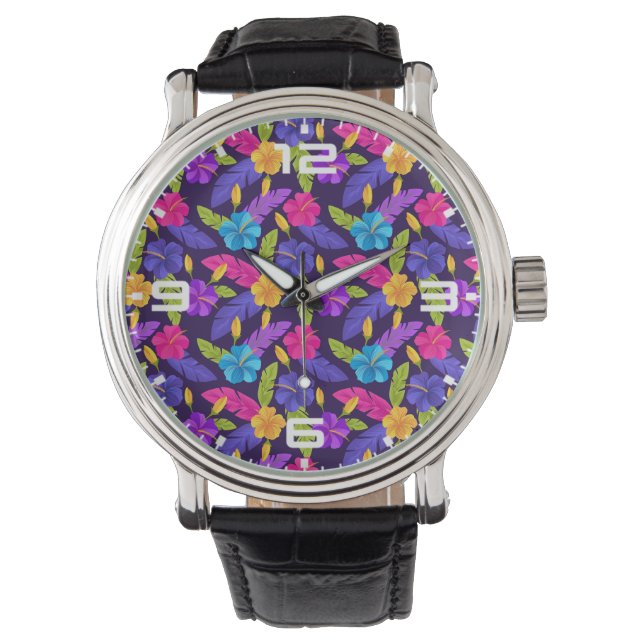 Relógio Folhas tropicais e flores Padrão-23857 (Frente)