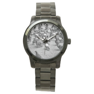 Relógio Fotografia preto e branco de muitos pombos