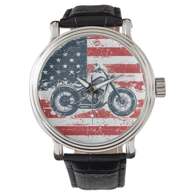 Relógio Freedom Ride: Retro Motorcycle and American Flag (Frente)